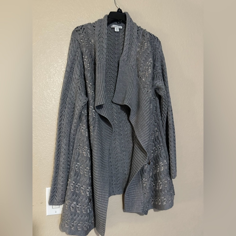 COLDWATER CREEK WOOL BLEND OPEN FRONT LONG LINE BUTTON DETAIL GRAY CARDIGAN